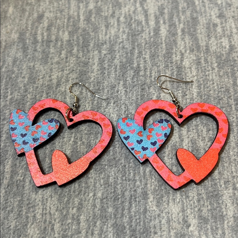 Earrings Valentines Day wooden open‎ heart dangle light colorful jewelry new